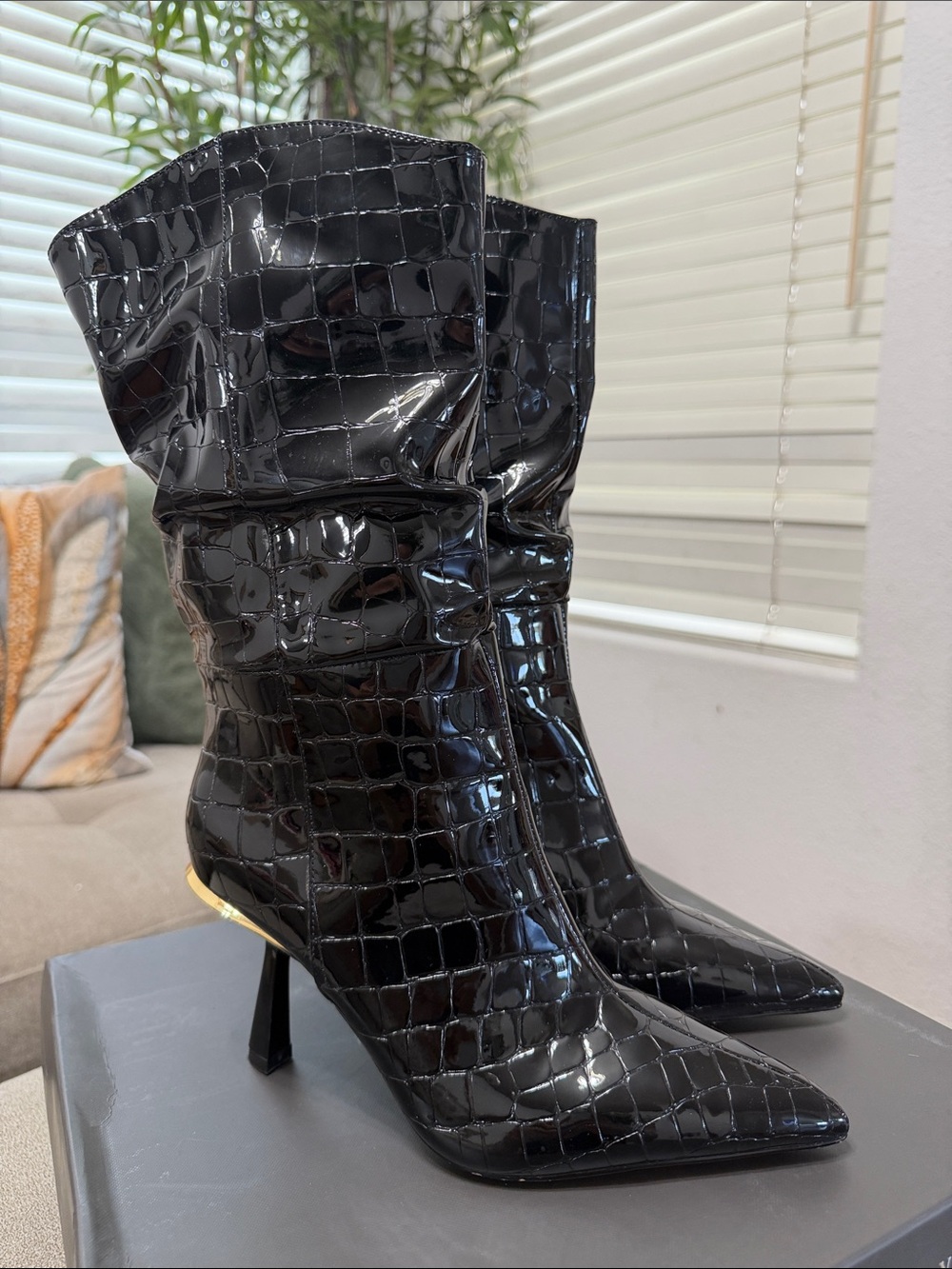 Vince Camuto Black Croc-Embossed Patent Pointed Toe Mid-Calf Boots